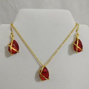 Necklace Earring 3 pc Set Ruby Color Crystal 18"